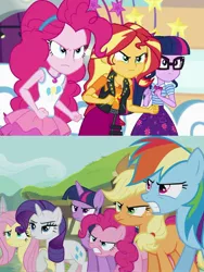 Size: 1717x2281 | Tagged: safe, derpibooru import, applejack, fluttershy, pinkie pie, rainbow dash, rarity, sci-twi, sunset shimmer, twilight sparkle, twilight sparkle (alicorn), alicorn, equestria girls, equestria girls series, rollercoaster of friendship, slice of life (episode), angry, fight, furious, image, jpeg, rage, vs