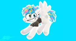 Size: 1524x828 | Tagged: safe, artist:brokenwings2811, derpibooru import, ponified, pegasus, pony, 3d, awsten knight, blue background, clothes, commission, dyed mane, dyed tail, grin, heterochromia, horseshoes, image, jewelry, looking at you, male, necklace, png, shirt, simple background, smiling, solo, spread wings, stallion, t-shirt, waterparks, wings, ych result