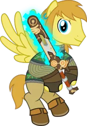 Size: 1387x1995 | Tagged: safe, artist:sketchmcreations, derpibooru import, ponified, pegasus, pony, chainsaw, clothes, flying, image, link, looking at you, male, png, simple background, smiling, stallion, the legend of zelda, the legend of zelda: breath of the wild, transparent background, vector