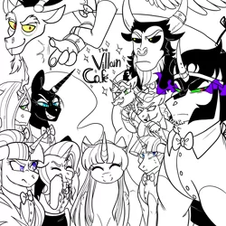 Size: 3000x3000 | Tagged: safe, artist:gingygin, derpibooru import, discord, flam, flim, king sombra, lord tirek, nightmare moon, starlight glimmer, stygian, trixie, twilight sparkle, twilight sparkle (alicorn), alicorn, centaur, changeling, changeling queen, draconequus, pony, unicorn, series:villian cafe, bowtie, female, flim flam brothers, horn, horn ring, image, jewelry, magic suppression, male, mare, partial color, png, qx, ring, s5 starlight, shackles, simple background, stallion, tongue out, white background