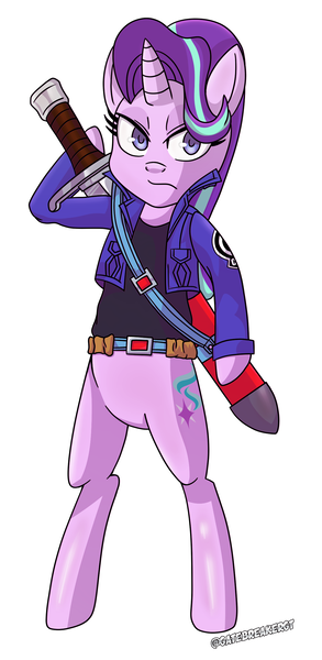 Size: 1165x2388 | Tagged: safe, artist:tenkaichi-jd, derpibooru import, starlight glimmer, pony, unicorn, capsule corp, clothes, cosplay, costume, crossover, dragon ball, dragon ball z, female, future trunks, image, mirai trunks, parody, png, sword, weapon