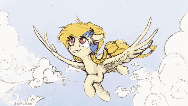 Size: 1920x1080 | Tagged: safe, artist:jewellier, derpibooru import, golden feather, princess celestia, oc, oc:sunny skies, unofficial characters only, pegasus, pony, fanfic:sunny skies all day long, spoiler:comic, spoiler:comic65, cloud, fanfic art, female, flying, image, jpeg, mare, smiling, traditional art, wings