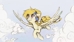 Size: 1920x1080 | Tagged: safe, artist:jewellier, derpibooru import, golden feather, princess celestia, oc, oc:sunny skies, unofficial characters only, pegasus, pony, fanfic:sunny skies all day long, spoiler:comic, spoiler:comic65, cloud, fanfic art, female, flying, image, jpeg, mare, smiling, traditional art, wings