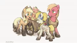 Size: 1920x1080 | Tagged: safe, artist:jewellier, derpibooru import, part of a set, applejack, big macintosh, golden feather, princess celestia, earth pony, pegasus, pony, fanfic:sunny skies all day long, spoiler:comic, spoiler:comic65, apple, carriage, dirty, fanfic art, female, food, image, jpeg, mare, mud, smiling, straw in mouth, traditional art, wings