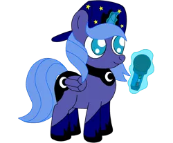 Size: 1489x1232 | Tagged: safe, artist:theunidentifiedchangeling, derpibooru import, princess luna, alicorn, pony, cap, closed mouth, eyes open, female, filly, friday night funkin', hat, horn, image, levitation, looking at something, magic, microphone, mouth closed, open eyes, png, standing, stars, telekinesis, wings, woona, younger