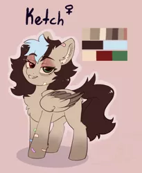 Size: 1330x1620 | Tagged: safe, artist:kebchach, derpibooru import, oc, oc:keetch, unofficial characters only, pegasus, pony, bandage, fangs, image, jpeg, lidded eyes, looking at you, reference sheet, smiling, solo