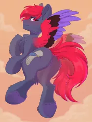 Size: 768x1024 | Tagged: safe, artist:kebchach, derpibooru import, oc, unofficial characters only, pegasus, pony, butt, chest fluff, explicit source, image, jpeg, looking at you, looking back, plot, smiling, solo, spread wings, underhoof, wings