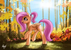 Size: 4299x3035 | Tagged: safe, artist:supermoix, derpibooru import, fluttershy, pegasus, pony, cute, female, folded wings, forest, happy, image, looking up, mare, open mouth, png, raised hoof, raised leg, scenery, smiling, solo, tree, wings