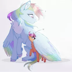 Size: 3142x3161 | Tagged: safe, artist:nyota71, deleted from derpibooru, derpibooru import, rainbow dash, scootaloo, pegasus, pony, chest fluff, cloven hooves, colored hooves, colored pupils, colored wings, female, fluffy, heart, hug, image, jpeg, multicolored wings, pale belly, pastel, rainbow wings, scootalove, sisterly love, smiling, snuggling, surprised, winghug, wings