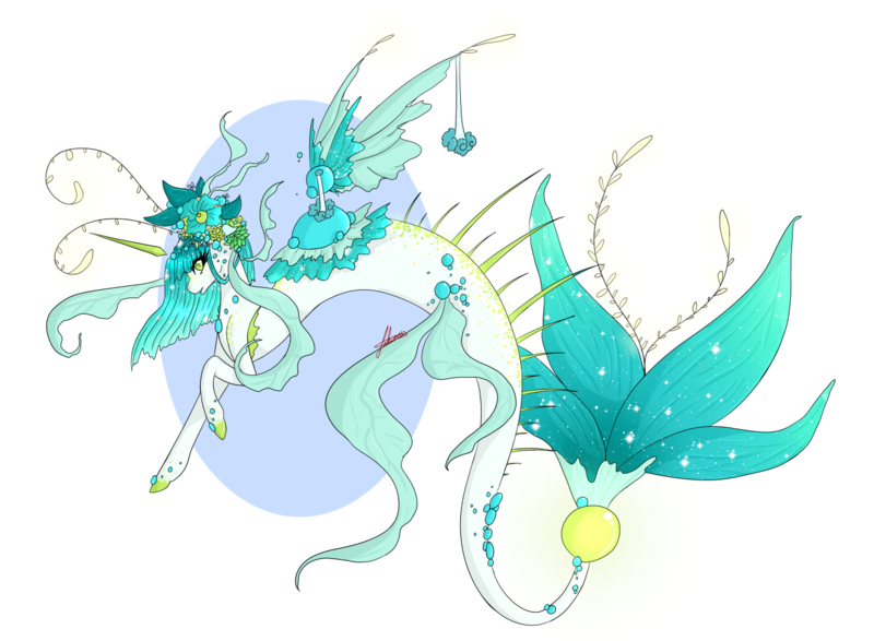Size: 1280x939 | Tagged: safe, artist:niniibear, derpibooru import, oc, unofficial characters only, hybrid, pegasus, pony, seapony (g4), bioluminescent, dorsal fin, eyelashes, female, fins, fish tail, flower, flowing mane, flowing tail, glow, green eyes, image, open mouth, png, seaponified, signature, simple background, solo, species swap, tail, transparent background, wings