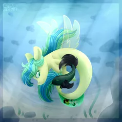 Size: 2000x2000 | Tagged: safe, artist:olyanna, derpibooru import, oc, unofficial characters only, fish, pegasus, pony, seapony (g4), bubble, clothes, commission, crepuscular rays, dorsal fin, fins, fish tail, flowing mane, flowing tail, green eyes, horn, image, ocean, png, rock, seaponified, seaweed, see-through, smiling, solo, species swap, sunlight, swimming, tail, underwater, water, wings