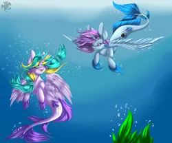 Size: 3000x2500 | Tagged: safe, artist:noodlenyan, derpibooru import, oc, unofficial characters only, alicorn, pony, seapony (g4), bubble, commission, crepuscular rays, dorsal fin, female, fins, fish tail, flowing mane, flowing tail, green eyes, horn, image, looking at each other, ocean, open mouth, png, purple eyes, seaponified, seaweed, smiling, species swap, swimming, tail, underwater, water, wings