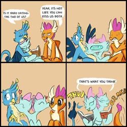 Size: 2400x2400 | Tagged: safe, artist:skunkstripe, derpibooru import, gallus, ocellus, smolder, comic, dialogue, heart, image, kissing, multiple heads, png, polyamory, shipping, two heads, word balloon