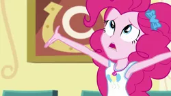Size: 1280x720 | Tagged: safe, derpibooru import, screencap, pinkie pie, best trends forever, equestria girls, equestria girls series, best trends forever: pinkie pie, clothes, cute, cutie mark, cutie mark on clothes, daaaaaaaaaaaw, female, geode of sugar bombs, image, jewelry, looking up, magical geodes, necklace, png, sad, sadorable, solo, tanktop