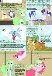 Size: 1802x2638 | Tagged: safe, artist:askmerriweatherauthor, derpibooru import, applejack, fluttershy, pinkie pie, rainbow dash, rarity, twilight sparkle, twilight sparkle (alicorn), oc, oc:merriweather, oc:widget whatsits, alicorn, pony, unicorn, ask merriweather, book, cart, glasses, image, mane six, png