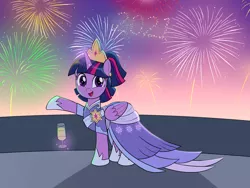 Size: 1600x1200 | Tagged: safe, artist:mew-me, derpibooru import, edit, twilight sparkle, twilight sparkle (alicorn), alicorn, pony, the last problem, 2021, alternate hairstyle, champagne glass, clothes, coronation dress, crown, cute, dress, ear piercing, earring, fireworks, glowing horn, happy, happy new year, holiday, hoof shoes, horn, image, jewelry, looking at you, magic, open mouth, piercing, png, regalia, second coronation dress, smiling, solo, telekinesis, twiabetes