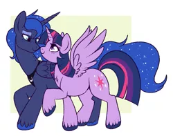 Size: 933x734 | Tagged: safe, artist:lulubell, derpibooru import, princess luna, twilight sparkle, alicorn, boop, chest fluff, ethereal mane, female, freckles, image, lesbian, noseboop, png, shipping, smiling, spread wings, starry mane, starry tail, twiluna, wings