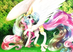 Size: 3500x2500 | Tagged: safe, artist:1fresita, derpibooru import, princess celestia, alicorn, pony, rabbit, animal, carrot, eye clipping through hair, female, flowing mane, flowing tail, food, glowing horn, heart, horn, image, large wings, magic, mare, png, smiling, solo, spread wings, telekinesis, wings