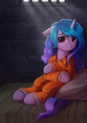 Size: 2480x3508 | Tagged: safe, artist:blo0nya, artist:loonya, derpibooru import, izzy moonbow, unicorn, bars, bed, clothes, g5, image, jail, jpeg, prison, prison outfit, prisoner im, sad, solo