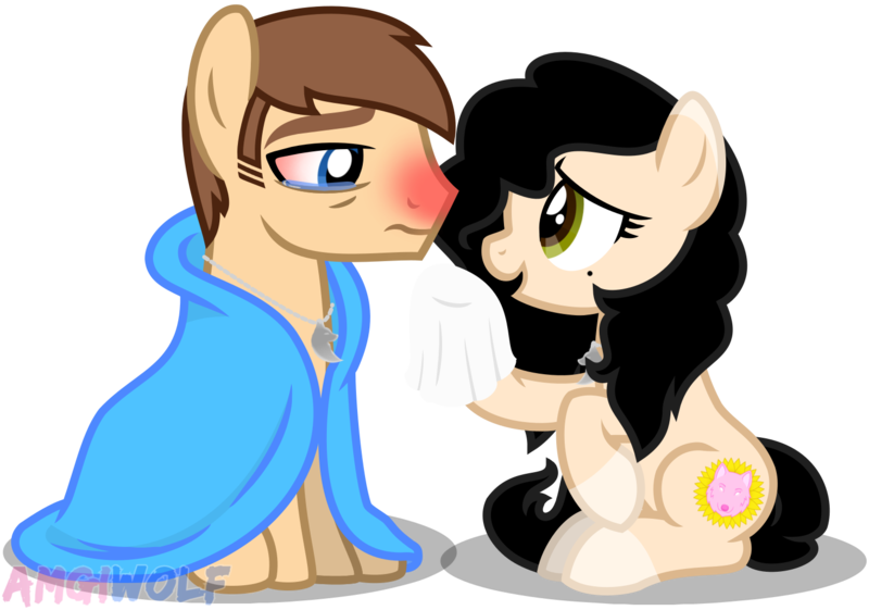 Size: 1476x1035 | Tagged: safe, artist:amgiwolf, derpibooru import, oc, oc:amgi, oc:applewolf, earth pony, pony, cloak, clothes, duo, earth pony oc, eyelashes, female, frown, image, male, mare, png, red nosed, sick, smiling, stallion, tired