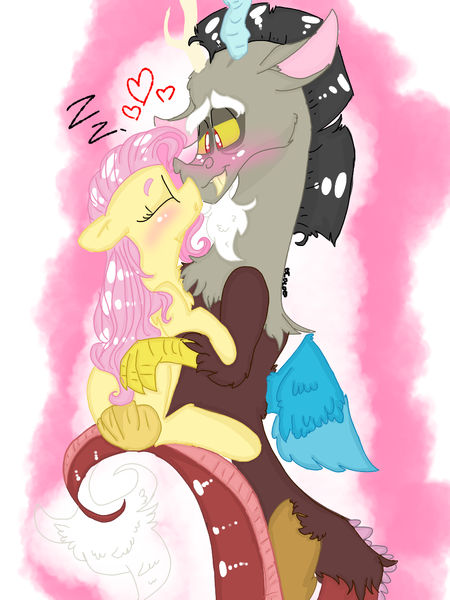 Size: 899x1200 | Tagged: safe, artist:cocolove2176, derpibooru import, discord, fluttershy, draconequus, pegasus, pony, abstract background, blushing, discoshy, eyes closed, female, heart, hug, image, male, mare, onomatopoeia, png, shipping, sleeping, smiling, sound effects, straight, wings, zzz