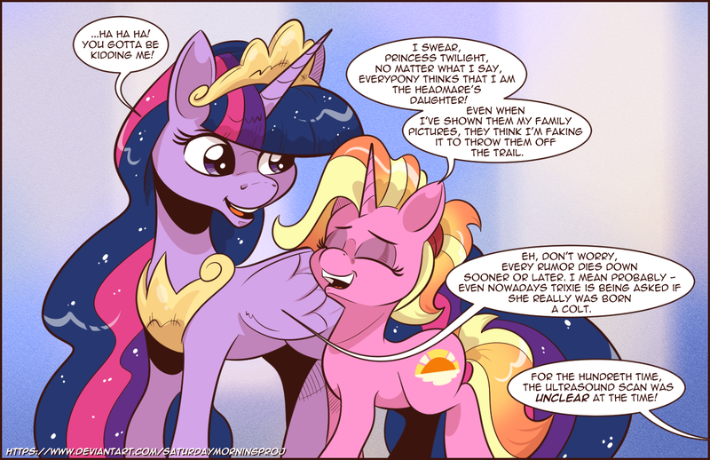 Size: 1375x890 | Tagged: safe, artist:saturdaymorningproj, banned from derpibooru, deleted from derpibooru, derpibooru import, luster dawn, princess twilight 2.0, twilight sparkle, twilight sparkle (alicorn), alicorn, pony, unicorn, the last problem, cutie mark, dialogue, duo, eyes closed, female, headcanon denied, horn, image, implied starlight glimmer, implied trixie, jewelry, luster dawn is not starlight and sunburst daughter, mare, offscreen character, open mouth, png, regalia, speech bubble, wings