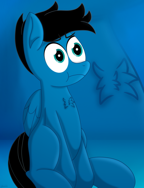 Size: 5156x6720 | Tagged: safe, artist:agkandphotomaker2000, derpibooru import, oc, oc:pony video maker, pegasus, pony, :t, black mane, black tail, blue coat, chest fluff, close-up, folded wings, image, male, png, raised head, shrunken pupils, simple background, sitting, small chest fluff, stallion, unamused, wings