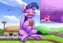 Size: 2500x1692 | Tagged: safe, artist:tsitra360, derpibooru import, pinkie pie, twilight sparkle, twilight sparkle (alicorn), alicorn, earth pony, pony, banner, blimp, burger, commission, dialogue, eating, eyes closed, food, giant pony, hay burger, image, jpeg, macro, open mouth, restaurant, sitting, sitting on, sitting on pony, underhoof, yelling