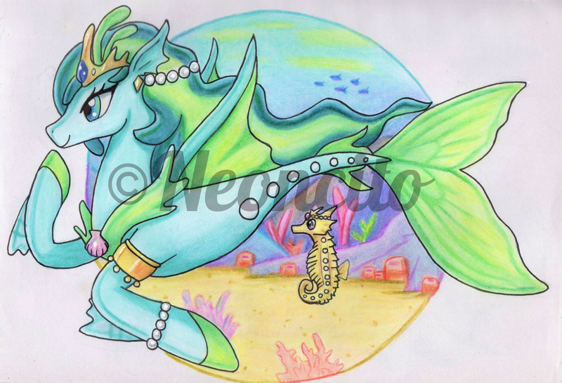 Size: 1280x872 | Tagged: safe, artist:neoncito, derpibooru import, oc, unofficial characters only, fish, seahorse, seapony (g4), blue eyes, coral, crown, dorsal fin, female, fins, fin wings, fish tail, flowing mane, flowing tail, image, jewelry, jpeg, logo, necklace, ocean, pearl, regalia, seashell, seaweed, smiling, solo, swimming, tail, underwater, water, watermark, wings
