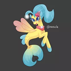 Size: 2449x2449 | Tagged: safe, artist:ofruittango, derpibooru import, princess skystar, seapony (g4), my little pony: the movie, bioluminescent, blue eyes, blue mane, blushing, clothes, dorsal fin, female, fin wings, fins, fish tail, flower, flower in hair, flowing mane, flowing tail, freckles, gray background, image, jewelry, necklace, pearl necklace, png, see-through, simple background, solo, tail, tongue out, wings