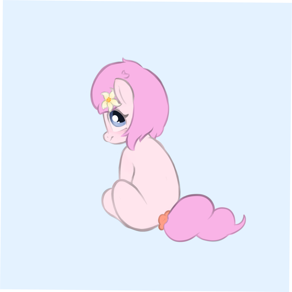 Size: 2495x2494 | Tagged: safe, artist:maxisb8, derpibooru import, oc, oc:kayla, unofficial characters only, earth pony, pony, adorable face, cute, female, filly, flower, flower in hair, happy, image, looking at you, looking back, png, scrunchie, simple background, sitting, solo, solo female