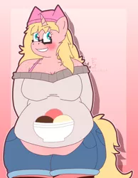 Size: 1708x2204 | Tagged: safe, alternate version, artist:icecreamjaxxie, deleted from derpibooru, derpibooru import, edit, oc, oc:mille feuille, unofficial characters only, anthro, pony, unguligrade anthro, unicorn, anthro oc, bbw, belly hang, chest freckles, chubby, clothes, cutie mark, cutie mark on clothes, fat, food, freckles, glasses, hands behind back, hat, ice cream, image, off shoulder, off shoulder sweater, png, sfw edit, shorts, shoulder freckles, smiling, socks, solo, striped socks, sweater, teeth