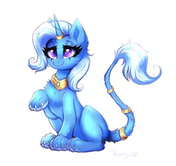 Size: 3590x3379 | Tagged: safe, artist:confetticakez, derpibooru import, trixie, pony, sphinx, unicorn, collar, female, horn, horn ring, image, jewelry, mare, paws, png, ring, simple background, solo, species swap, sphinxie, white background