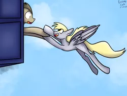 Size: 2048x1536 | Tagged: safe, derpibooru import, derpy hooves, doctor whooves, time turner, earth pony, pegasus, pony, doctor who, doctorderpy, female, flying, holding hooves, image, male, png, shipping, shock, sky, smiling, straight, tardis, wings