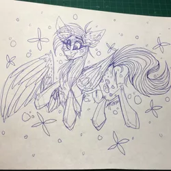 Size: 1080x1080 | Tagged: safe, artist:moshi.poni, derpibooru import, derpy hooves, pegasus, pony, chest fluff, ear fluff, eyelashes, female, image, jpeg, lineart, mare, open mouth, signature, smiling, solo, traditional art, wings