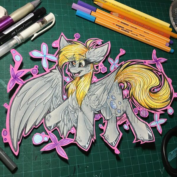 Size: 1080x1080 | Tagged: safe, alternate version, artist:moshi.poni, derpibooru import, derpy hooves, pegasus, pony, chest fluff, colored, ear fluff, eyelashes, female, image, jpeg, mare, open mouth, signature, smiling, solo, traditional art, wings