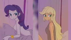 Size: 3416x1920 | Tagged: suggestive, artist:haibaratomoe, derpibooru import, edit, editor:itsmgh1203, applejack, rarity, equestria girls, adorasexy, beautiful, beautisexy, bedroom, bedroom eyes, blanket, bracelet, breasts, busty rarity, clothes, cute, duo, duo female, eyes closed, female, image, jackabetes, jewelry, jpeg, lesbian, lidded eyes, makeup, nudity, partial nudity, pillow, rarijack, sexy, shipping, sideboob, smiling, strategically covered, stupid sexy rarity, tanktop, topless