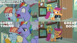 Size: 1280x720 | Tagged: safe, derpibooru import, edit, edited screencap, editor:quoterific, screencap, bow hothoof, scootaloo, windy whistles, pegasus, pony, parental glideance, bag, camera, eyes closed, female, filly, image, jpeg, male, mare, one eye closed, saddle bag, stallion