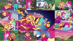 Size: 1280x722 | Tagged: safe, derpibooru import, edit, edited screencap, editor:quoterific, screencap, applejack, fluttershy, pinkie pie, rainbow dash, rarity, spike, spike the regular dog, sunset shimmer, dog, equestria girls, equestria girls series, wake up!, spoiler:eqg series (season 2), barefoot, blanket, clothes, cutie mark, cutie mark on clothes, donut, eyes closed, feet, food, geode of empathy, geode of fauna, geode of shielding, geode of sugar bombs, geode of super speed, geode of super strength, humane five, image, jewelry, jpeg, magical geodes, music festival outfit, necklace, pants, sleeping, wake up!: applejack, wake up!: pinkie pie, wake up!: rainbow dash, yoga, yoga pants