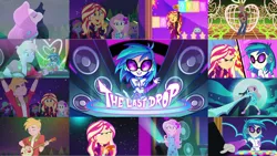 Size: 1280x722 | Tagged: safe, derpibooru import, edit, edited screencap, editor:quoterific, screencap, big macintosh, fluttershy, sunset shimmer, vinyl scratch, equestria girls, equestria girls series, the last drop, the last drop: big macintosh, the last drop: fluttershy, spoiler:eqg series (season 2), blushing, disk jockey, eeyup, eyes closed, geode of empathy, geode of fauna, glasses, image, lidded eyes, magical geodes, mobile phone, music festival outfit, phone, png, smartphone, the last drop: sunset shimmer