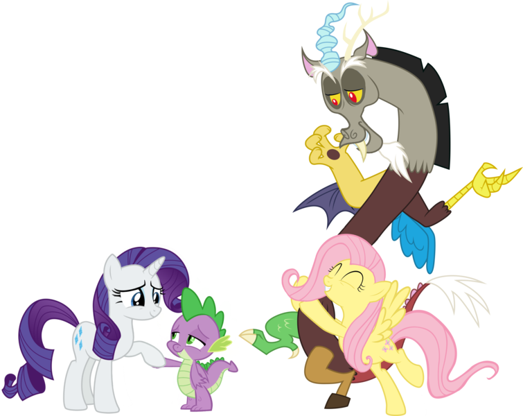 Size: 2950x2344 | Tagged: safe, artist:georgegarza01, artist:spottedlions, derpibooru import, edit, discord, fluttershy, rarity, spike, draconequus, dragon, pegasus, pony, unicorn, dragon dropped, cute, discoshy, female, holding claws, holding hands, holding hooves, hug, image, interspecies, male, png, shipping, simple background, smiling, sparity, straight, transparent background, vector, winged spike