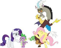 Size: 2950x2344 | Tagged: safe, artist:georgegarza01, artist:spottedlions, derpibooru import, edit, discord, fluttershy, rarity, spike, draconequus, dragon, pegasus, pony, unicorn, dragon dropped, cute, discoshy, female, holding claws, holding hands, holding hooves, hug, image, interspecies, male, png, shipping, simple background, smiling, sparity, straight, transparent background, vector, winged spike