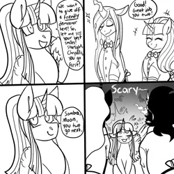 Size: 3000x3000 | Tagged: safe, artist:gingygin, derpibooru import, king sombra, nightmare moon, queen chrysalis, starlight glimmer, twilight sparkle, twilight sparkle (alicorn), alicorn, pony, unicorn, series:villain cafe, black and white, comic, dialogue, female, grayscale, image, male, mare, monochrome, png, s5 starlight, smiling, stallion