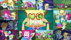 Size: 1280x721 | Tagged: safe, derpibooru import, edit, edited screencap, editor:quoterific, screencap, applejack, pinkie pie, rainbow dash, snails, snips, accountibilibuddies, equestria girls, equestria girls series, spoiler:eqg series (season 2), accountibilibuddies: pinkie pie, accountibilibuddies: rainbow dash, accountibilibuddies: snips, broken foot, eyes closed, geode of sugar bombs, geode of super speed, geode of super strength, glasses, hug, image, magical geodes, music festival outfit, one eye closed, pain, png, screaming
