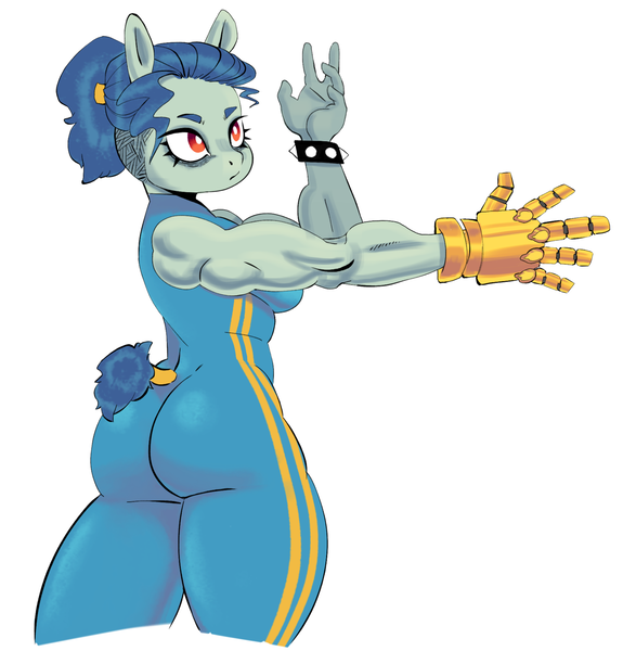 Size: 1787x1828 | Tagged: questionable, artist:pantheracantus, derpibooru import, oc, oc:ruituri nox, anthro, earth pony, amputee, bracelet, butt, eye bag, female, image, jewelry, muscles, muscular female, png, ponytail, prosthetic limb, prosthetics, simple background, solo, tight clothing, white background