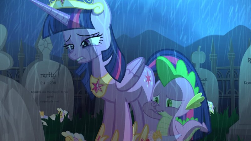 Size: 1280x720 | Tagged: safe, artist:bluse, artist:moliminous, derpibooru import, edit, spike, twilight sparkle, twilight sparkle (alicorn), alicorn, pony, 2016, crying, engrish, female, grave, image, immortality blues, implied death, jpeg, mare, rain, sad, show accurate