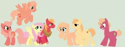 Size: 1928x726 | Tagged: safe, artist:lanabananaa, artist:selenaede, derpibooru import, big macintosh, fluttershy, oc, earth pony, pegasus, pony, base used, family, female, fluttermac, freckles, green background, image, male, mare, offspring, parent:big macintosh, parent:fluttershy, parents:fluttermac, pegasus oc, png, shipping, simple background, stallion, straight, unshorn fetlocks, wings