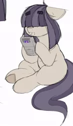 Size: 547x934 | Tagged: safe, artist:lockheart, derpibooru import, oc, unofficial characters only, earth pony, pony, bucktooth, chubby, dexterous hooves, female, floppy ears, game boy, hair over one eye, image, jpeg, mare, simple background, solo, underhoof, white background
