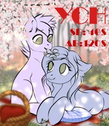 Size: 1101x1280 | Tagged: safe, artist:honeyapplecake, artist:honeyapplecake1, derpibooru import, earth pony, pegasus, pony, unicorn, background, cherry blossoms, commission, cute, flower, flower blossom, image, jpeg, spring, your character here