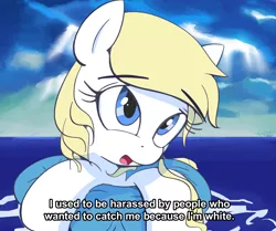Size: 3000x2503 | Tagged: safe, artist:vultraz, oc, oc:aryanne, ponified, unofficial characters only, pony, /mlp/, 4chan, blonde, blonde mane, blue eyes, dialogue, drawthread, female, image, inner tube, looking at you, mare, meme, ocean, png, ponified meme, solo